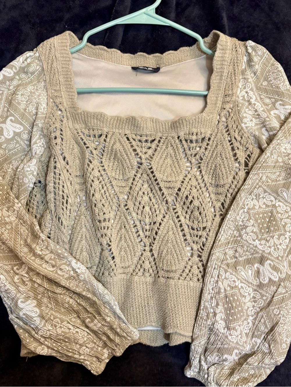 Miss Me Open-Knit Square Neck Sweater with Paisley Puff Sleeves - Beige